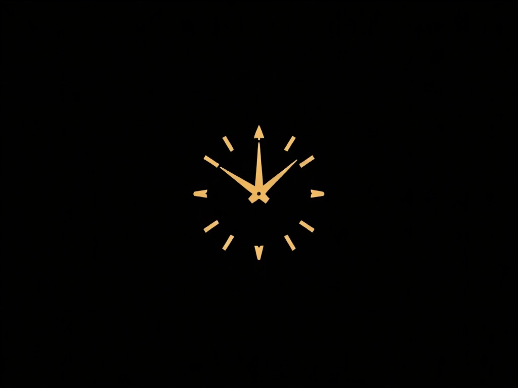 A minimalist logo mark of an stylized clock with arrows, in gold and white, on a dark gradient background, photorealistic, 8k, commercial photography style